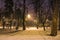 Snow covered roads in the night park with lanterns in the winter. Benches in the park during the winter season at night.