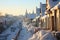 Snow-covered rooftops with chimney - stock photography concepts