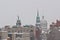 Snow covered rooftops of Montreal buildings,including bons secours church and bonsecours market