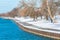 Snow Covered Shoreline of Diversey Harbor in Lincoln Park Chicago during Winter