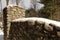 snow covered stone wall, entrance to Dean Park Shrewsbury, Ma