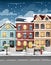 Snow-covered street with colorful houses fire hydrant lights bench and bushes in vases cartoon style illustration website p