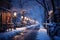 Snow covered street decorated with lanterns in the suburbs in winter on New Year\\\'s Eve, AI Generated