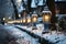 Snow covered street decorated with lanterns in the suburbs in winter on New Year\\\'s Eve, AI Generated