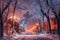 a snow-covered street filled with illuminated trees