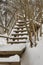 Snow-covered tourist stairs woods