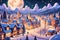 Snow-covered town, aglow with twinkling lights, where families gather for Christmas warmth and celebration
