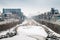 Snow covered town and river at winter in Suwon, Korea