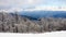 Snow covered trees against distant mountain range & storm clouds