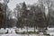 Snow-covered trees, bushes and walkway in city park in the morningÑŽ