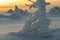 Snow covered trees in polar forest under sunset