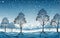 snow covered trees winter landscape. Christmas blue square landscape with silhouettes of trees and falling snow flakes