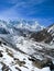 Snow-covered valley and mountains with blue sky