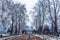 The snow covered view of Shalimar Bagh Mughal Garden during winter season, Srinagar, Kashmir, India