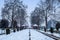 The snow covered view of Shalimar Bagh Mughal Garden during winter season, Srinagar, Kashmir, India