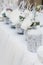 Snow covered wedding bouquet, decorations, sparkles, snowflakes