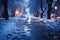 Snow-covered winter alley in the park at night, a path among trees covered with frost, cold season wallpaper, AI Generated