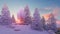 Snow covered winter firs at sunset 4K