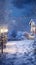 a snow-covered winter landscape adorned with twinkling Christmas lights, capturing the magical essence of the holiday