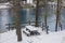 Snow covered wooden bench and table at Lame lake in Aveto Valley in winter time , in the hamlet of Rezzoaglio, province of Genoa,