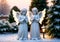 Snow-Dusted Christmas Angel Figurines In A Garden, During A Soft Dawn. Generative AI