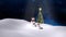 Snow falling over christmas tree, snowwoman and baby snowman on winter landscape against night sky