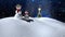 Snow falling over christmas tree, snowwoman and baby snowman on winter landscape against night sky