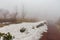 Snow on fern shrub along the path way with leafless tree and fog at Mount Usu in winter in Hokkaido, Japan