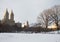 Snow field at Central Park and buildings in Manhattan