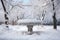 a snow-filled birdbath in a village park