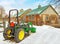 Snow filled Winter tractor and farm barns scenic