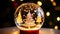 Snow globe with christmas tree on bokeh lights background.