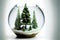 a snow globe with a christmas tree inside of it and a small house inside of it with lights on
