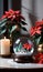 A Snow Globe And Poinsettias On A Table With The Shadows Cast By Candleligh. Generative AI