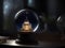 snow globe sitting on top of a wooden table, night scene