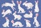 Snow hares. White furry hare or rabbit pets, wild spring bunny character pose collection forest mammal animals, running