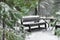 The snow and ice covered benches and a table in the winter park. Coniferous trees grow around. Winter atmosphere concept