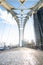 Snow and Ice covering a beautiful arched pedestrian bridge as the sun sets