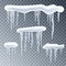 Snow, ice cup, icicles. Snowflakes background. Realistic transparent elements. Isolated. Vector