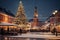 Snow-Kissed European Square: Majestic Christmas Tree Illuminates Winter Night