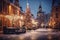 Snow-Kissed European Square: Majestic Christmas Tree Illuminates Winter Night