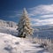 Snow kissed fir tree graces the tranquil winter landscape scene