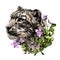 Snow leopard animal head in profile close-up composition decorated with flowers and leaves of a bell