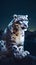 Snow leopard sitting on a rock at night. 3d rendering