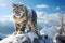 A snow leopard stands majestically on top of a mountain covered in pristine white snow, A majestic snow leopard prowling on a