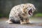 snow leopard yawning, showing teeth