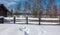 Snow lies in thick layers on the old wooden hedge.