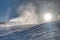 Snow maker machine works snow gun or snow cannon at ski slopes resort - standard equipment device for making snow to create