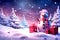 Snow man with blanket position is right of the image snow field pine tree many gift boxes is pink color light blue background.