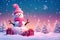 Snow man with blanket position is right of the image snow field pine tree many gift boxes is pink color light blue background.